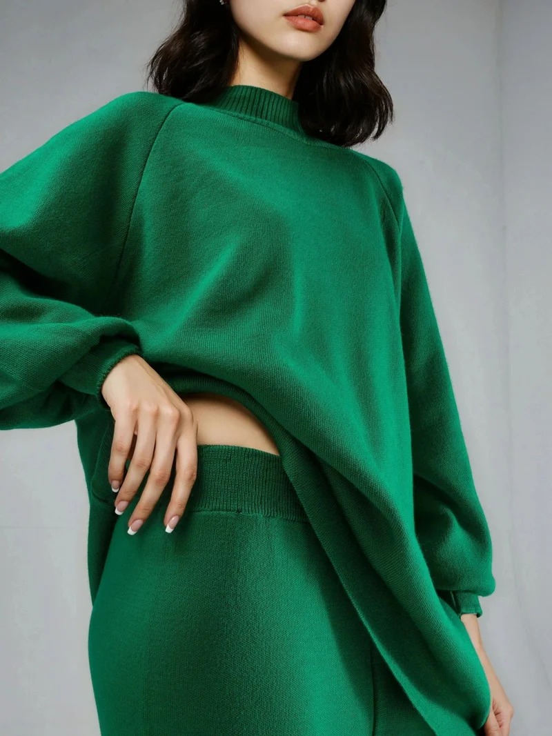 MY FASHION Pine Green MY FASHION Loose Fit Sweater & Pants Knit Co-ord Set for Women | Best Price UAE